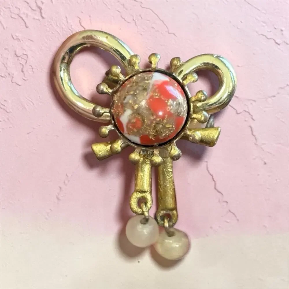 50s Atomic Bow Brooch Confetti Art Glass Faux Pearl Dangle Mid Century